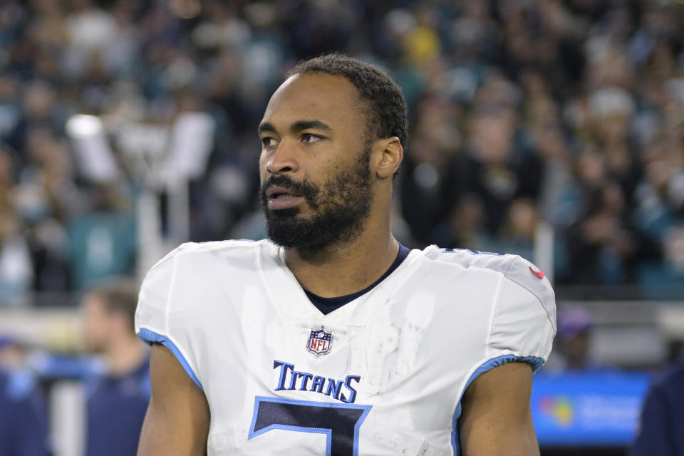 FILE - Tennessee Titans wide receiver Robert Woods stands on the sideline before an NFL football game against the Jacksonville Jaguars, Saturday, Jan. 7, 2023, in Jacksonville, Fla. New Tennessee Titans general manager Ran Carthon started clearing up some much needed salary cap space Wednesday, Feb. 22, 2023. The Titans released three-time Pro Bowl left tackle Taylor Lewan for a failed physical and also released veteran wide receiver Robert Woods and kicker Randy Bullock. (AP Photo/Phelan M. Ebenhack, File)