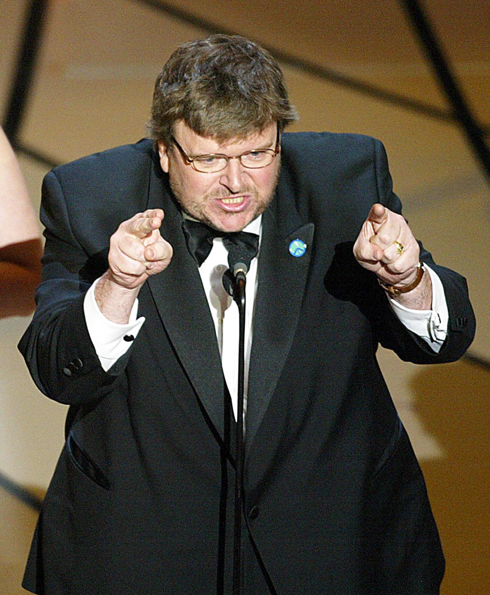 Michael Moore accepts his Oscar for Documentary Feature for 