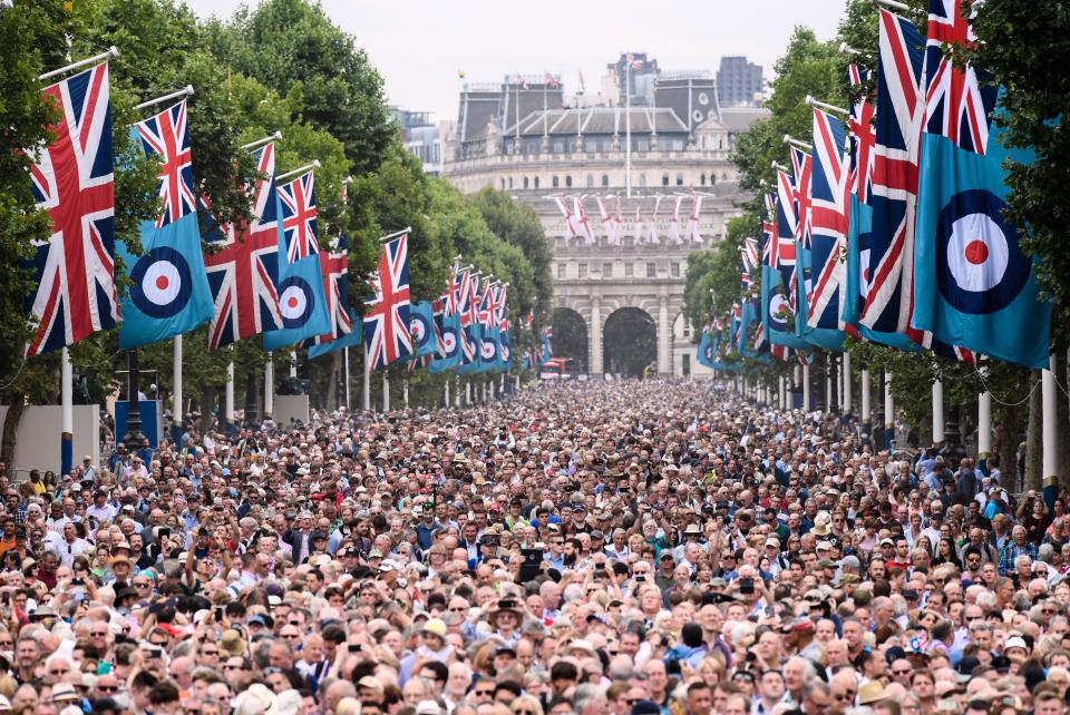 Thousands line The Mall for the anniversary of the Royal Air Force. [Photo: Rex]