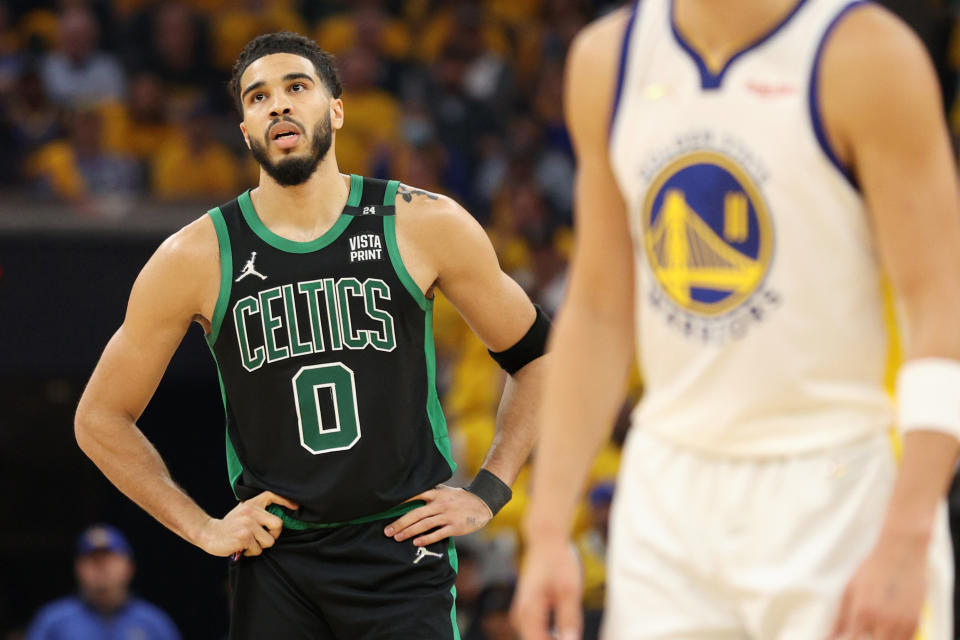 Boston Celtics forward Jayson Tatum has struggled to score at times against the Golden State Warriors in the 2022 NBA Finals. (Ezra Shaw/Getty Images)