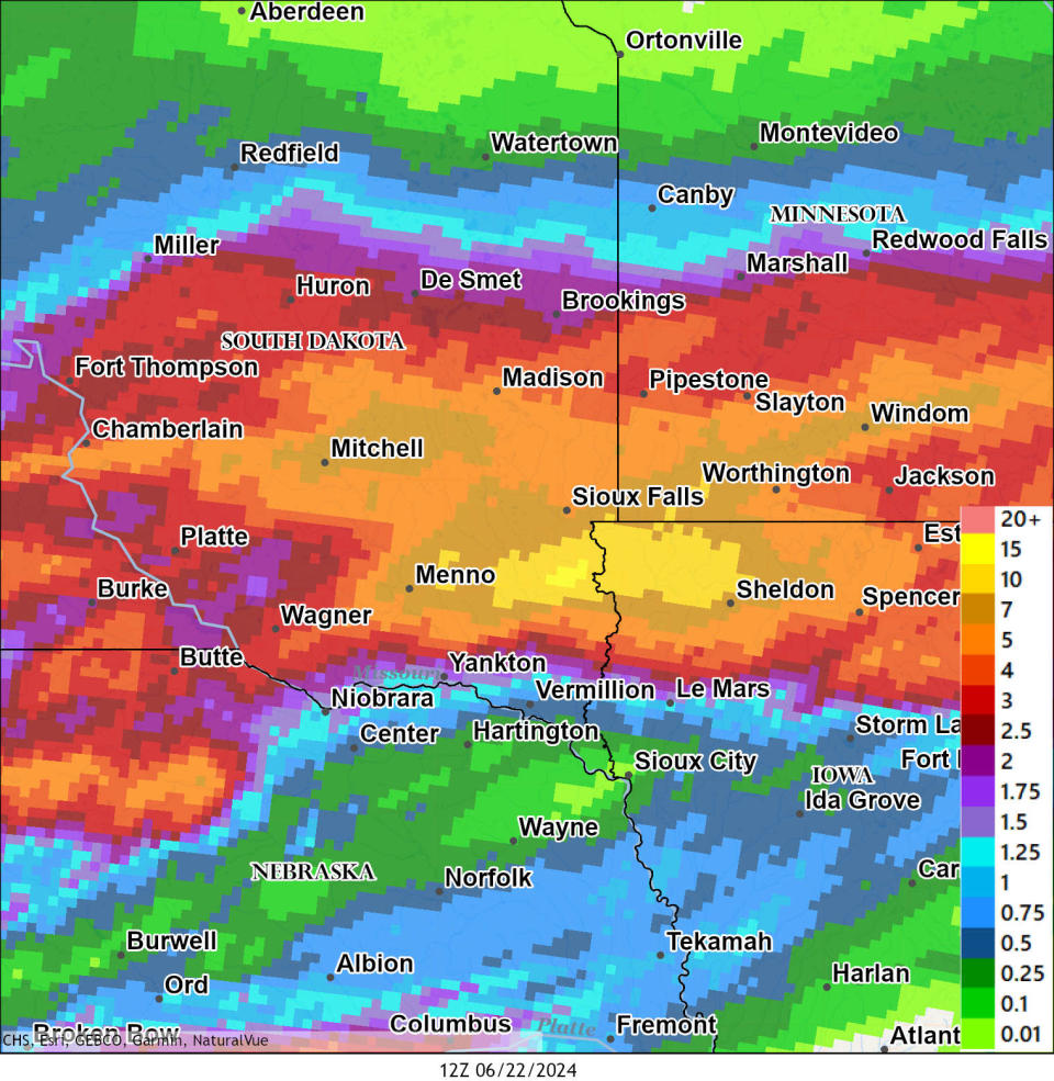 A National Weather Service map shows extreme rainfall over the past 48 hours in northwest Iowa and neighboring states.