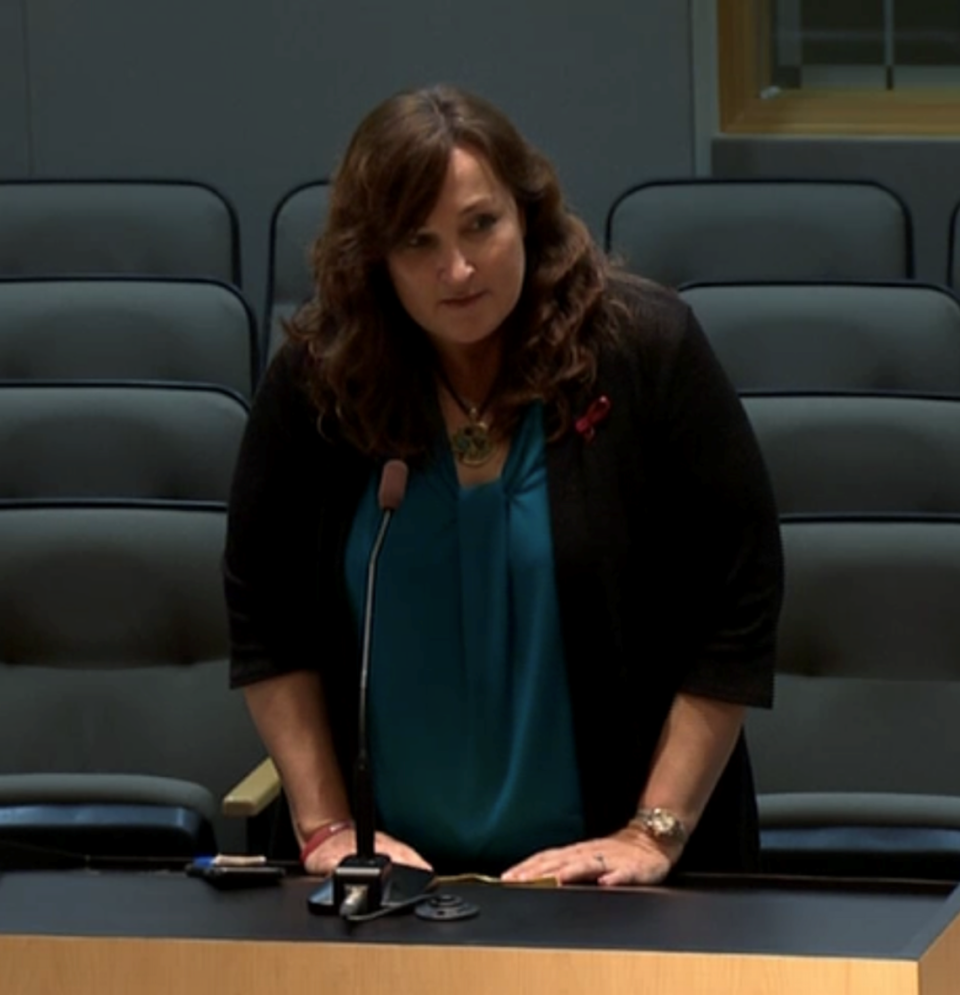 Christine Hunschofsky, que entonces era la alcaldesa de Parkland y ahora representa al área en la Cámara de Representantes de la Florida, testifica sobre el proyecto de ley de seguridad escolar y armas de la Legislatura ante el Comité de Reglas del Senado de la Florida el 27 de febrero de 2018.