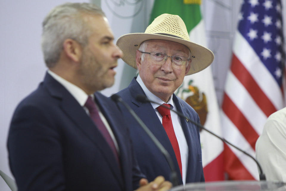 U.S. Ambassador to Mexico Ken Salazar listens to Michoacan state Governor Alfredo Ramírez Bedolla during their joint news conference at the governor's office in Morelia, Mexico, Monday, June 24, 2024. U.S. government inspections of avocados and mangoes will gradually resume in the Mexican state of Michoacan after they were suspended when two USDA employees were assaulted and temporarily held by assailants in Mexico’s biggest avocado-producing state, according to Salazar. (AP Photo/Armando Solis)