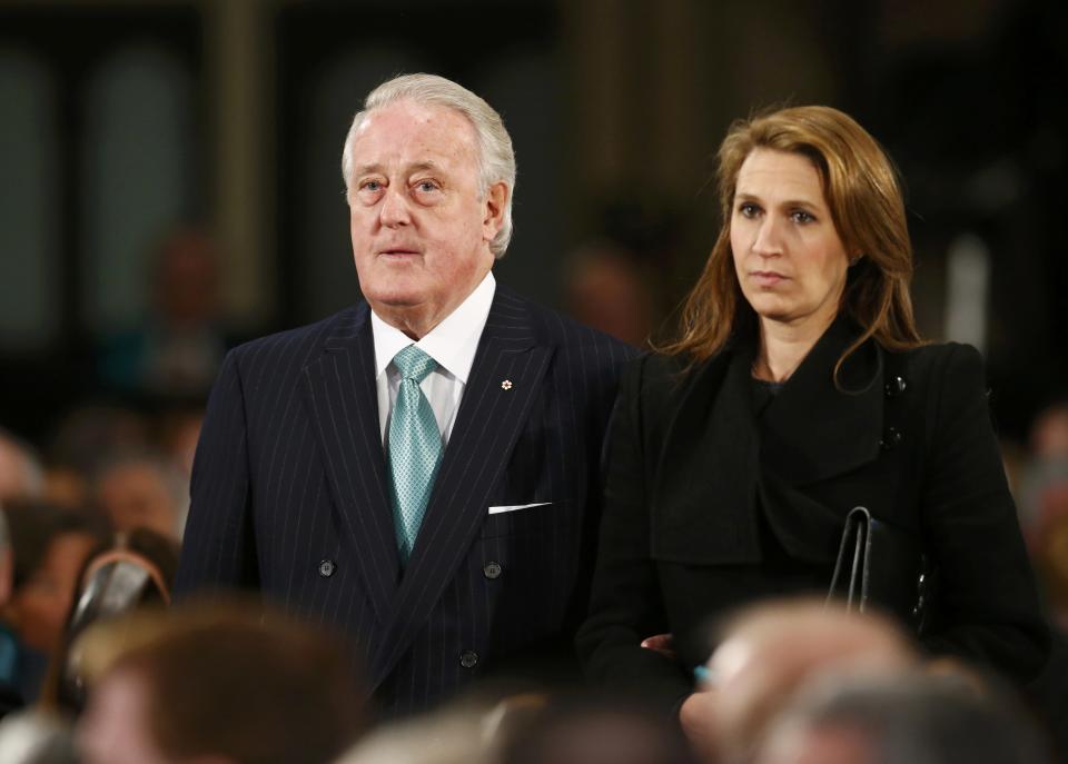 Former Canadian Prime Minister Brian Mulroney and his daughter Caroline Mulroney Lapham arrive for the state funeral of Canada's former finance minister Jim Flaherty in Toronto