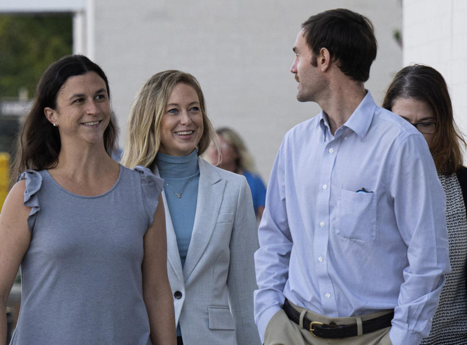 Molly Corbett, second left, arrives with family at the Davidson County Courthouse, Monday, Oct. 30, 2023, in Lexington, N.C., for a hearing before her retrial in the murder of Jason Corbett. (Walt Unks/The Winston-Salem Journal via AP)