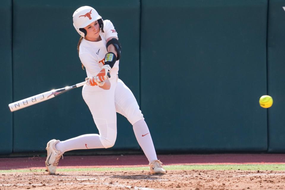 Texas utility Leighann Goode (43) bats as the Longhorns play Texas State at McCombs Field on Wednesday, April 10, 2024.