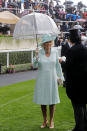 The Duchess of Cornwall looked elegant in an aqua long-sleeved dress with a matching hat, nude accessories and her aquamarine three-strand pearl necklace. <em>[Photo: Getty]</em>