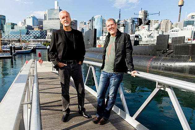 james cameron and ray quint in front of australian maritime museum in sydney on august 8, 2014.