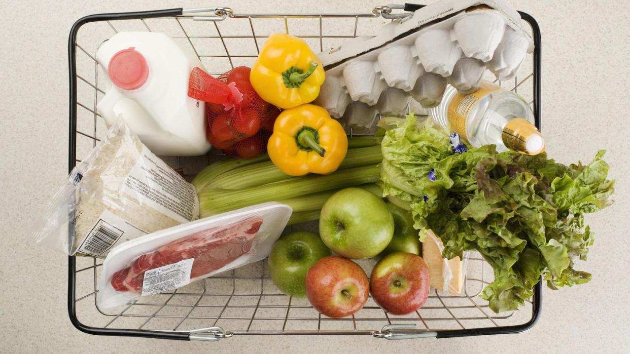 overhead view of groceries in basket