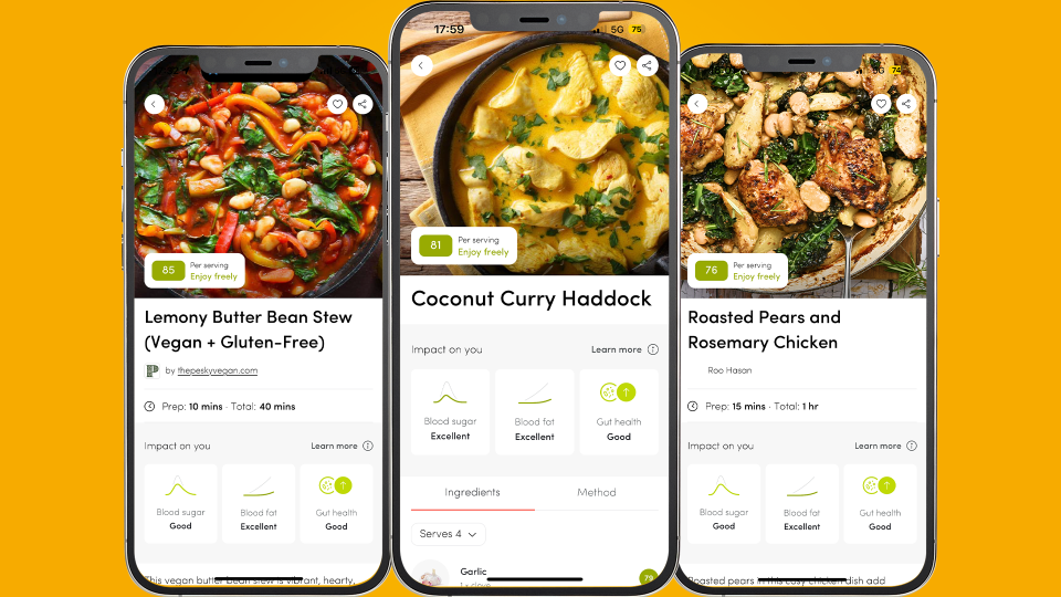 Three Zoe recipes on iPhones side-by-side