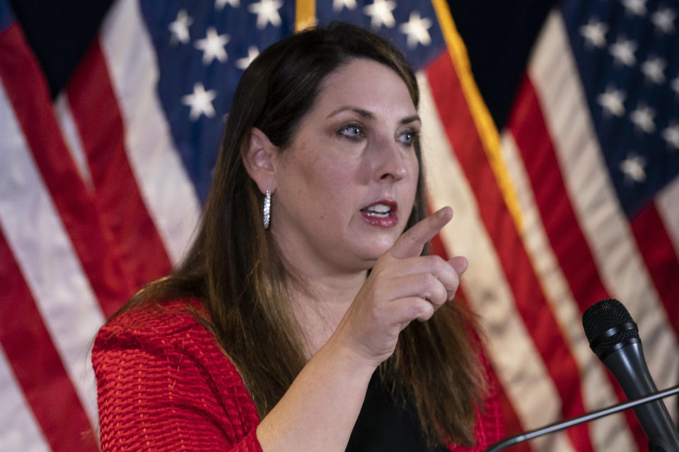 Republican National Committee chairwoman Ronna McDaniel speaks during a news conference at the Republican National Committee, Monday, Nov. 9, 2020, in Washington. (AP Photo/Alex Brandon)