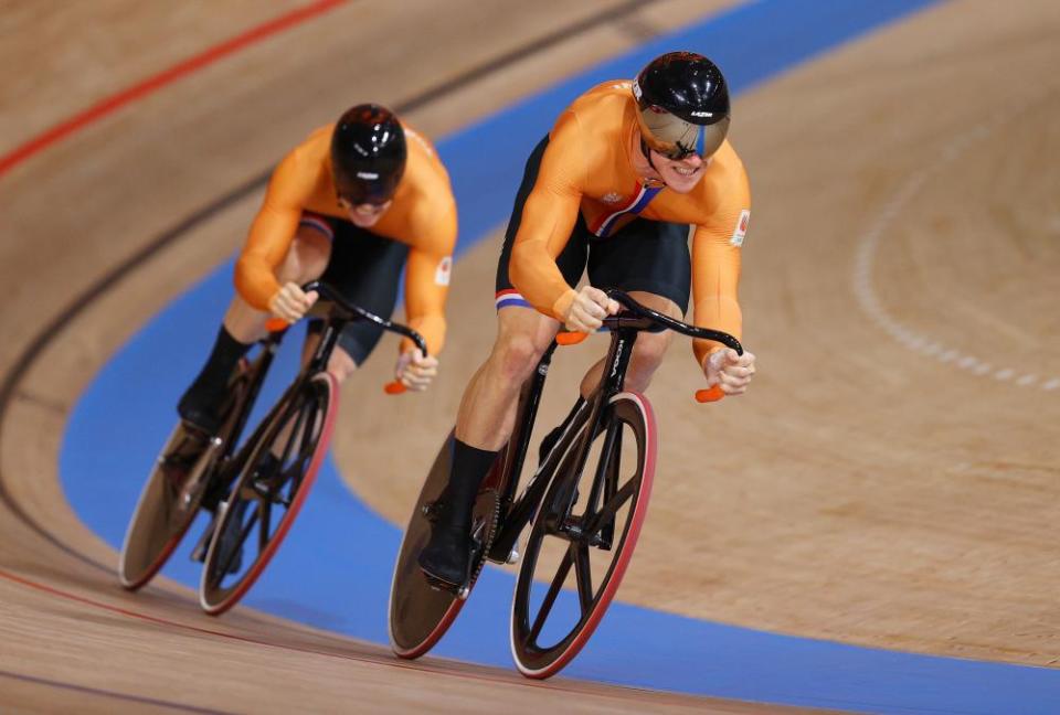 Jeffrey Hoogland sprints ahead of Harrie Lavreysen during the final.