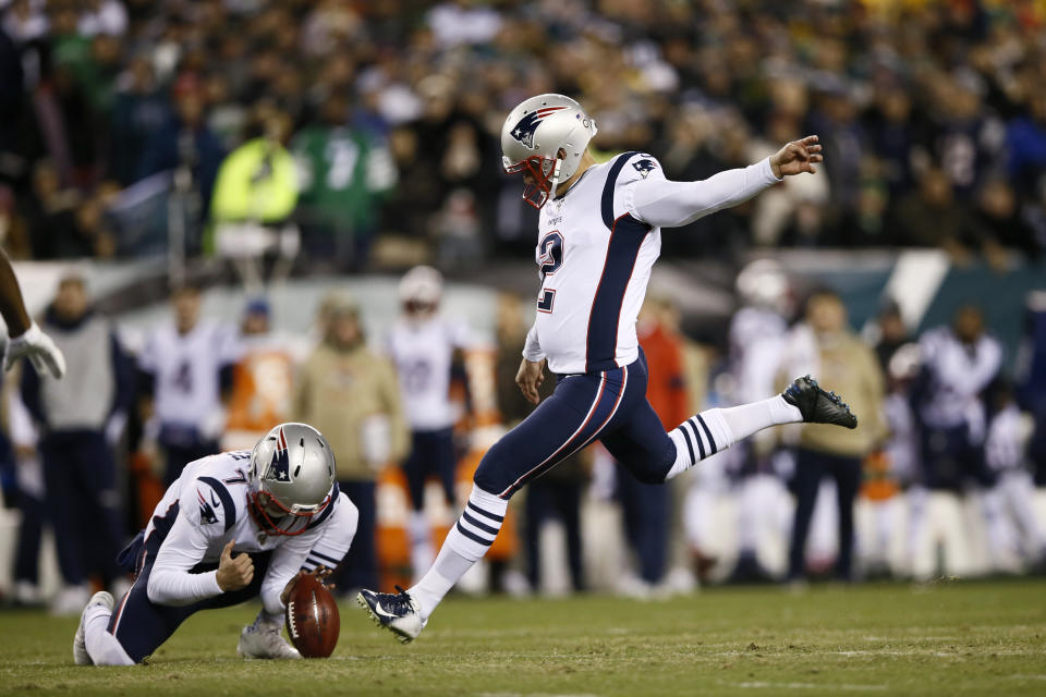 New England Patriots' Nick Folk kicks a field goal during the first half of an NFL football game against the Philadelphia Eagles, Sunday, Nov. 17, 2019, in Philadelphia. (AP Photo/Michael Perez)