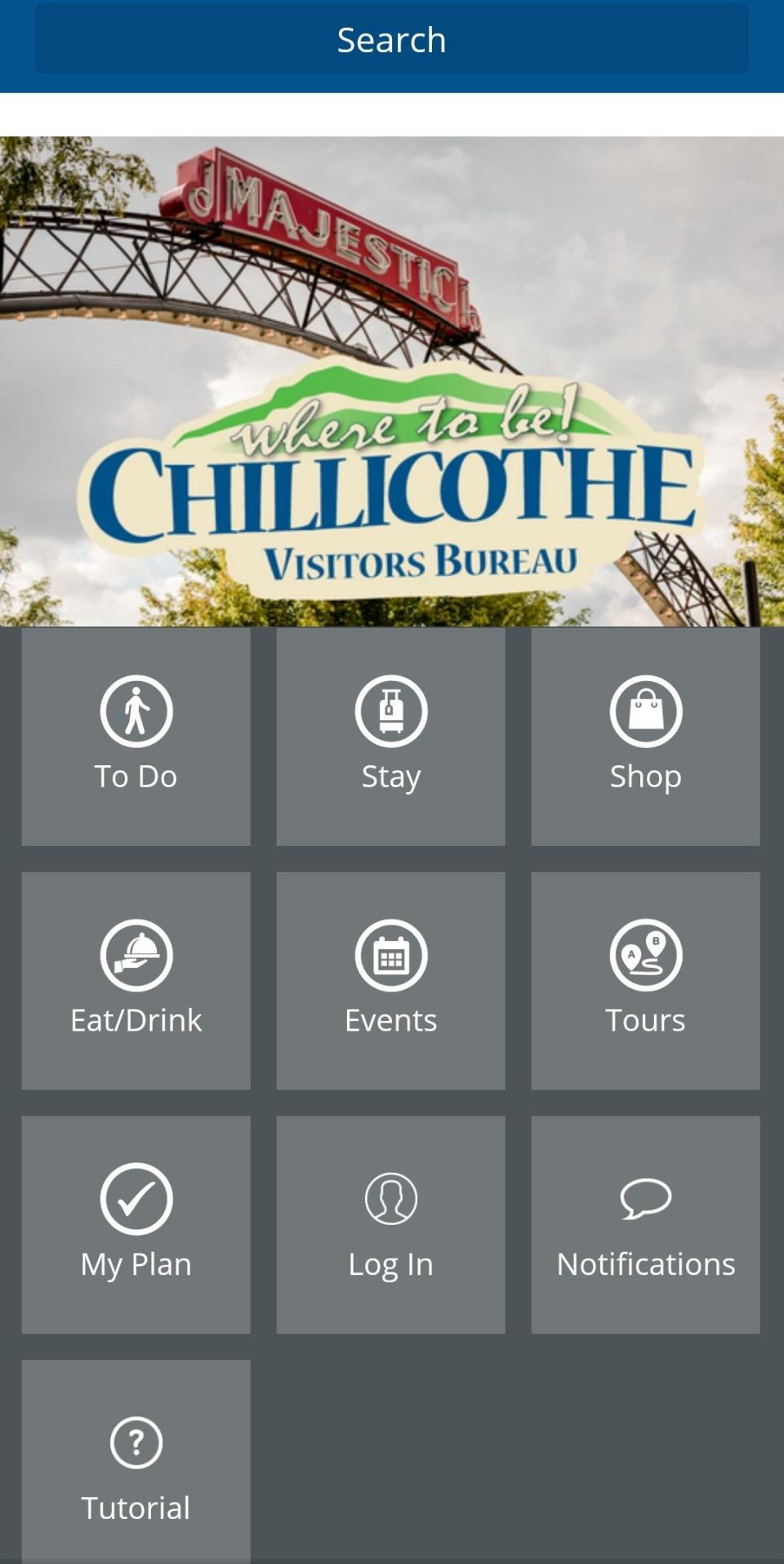 A screenshot of the main screen of the new Visit Chillicothe Ohio app shows the options available to users who can use the app to plan their visit to the area.