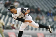 Colorado Rockies starting pitcher Antonio Senzatela works against the San Diego Padres during the first inning of a baseball game Tuesday, May 11, 2021, in Denver. (AP Photo/David Zalubowski)