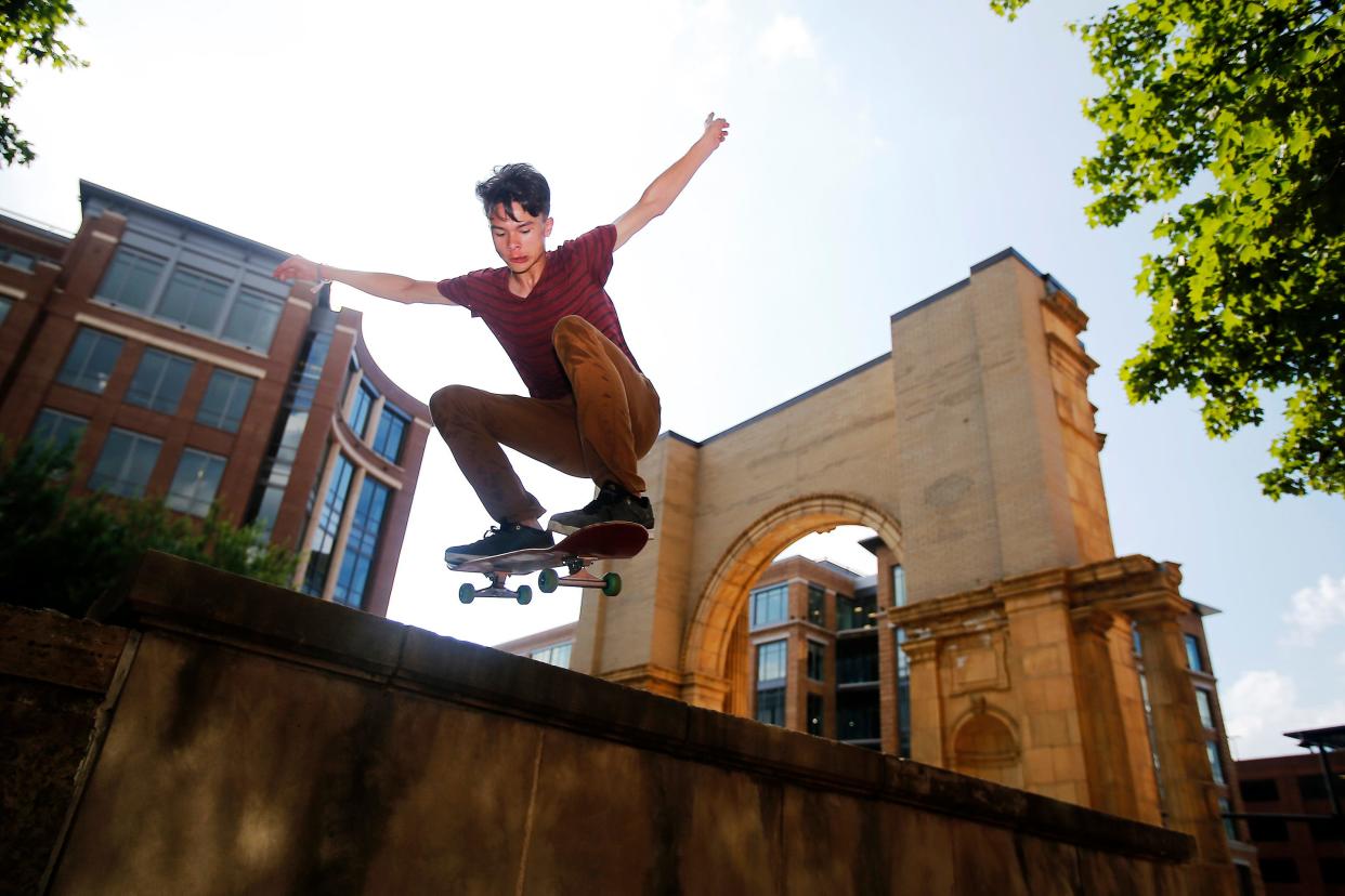 Barry Leonhard from South Charleston, Ohio, skates over a ledge at McFerson Commons in Columbus, Ohio in 2014.