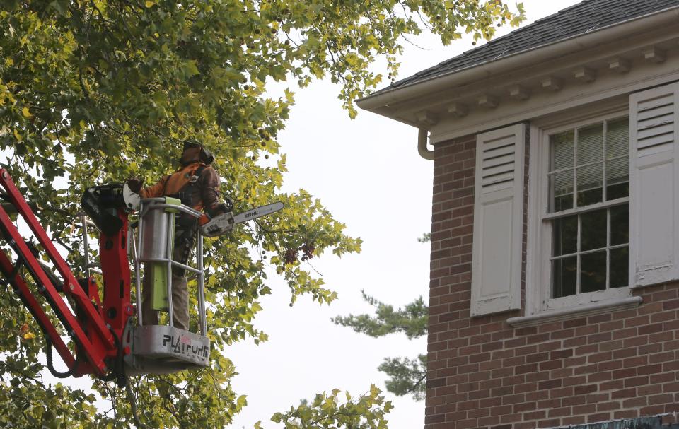 Workers begin moving the May house Thursday from Park Lane to its new location at 919 Riverside Drive in South Bend. A worker from Above & Beyond Tree Service looks to trim a tree in the way of the house on Park Lane.