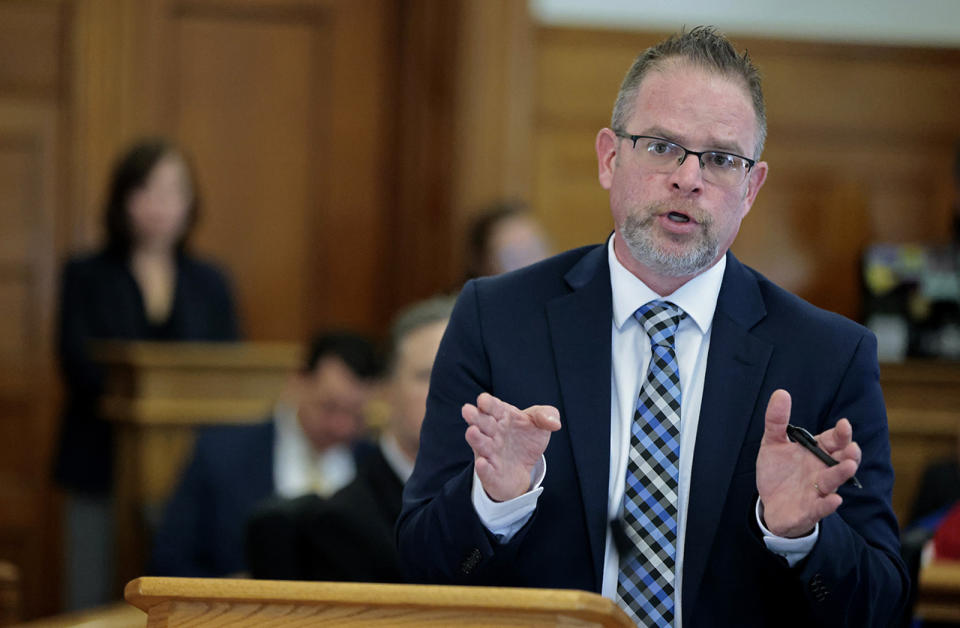 Assistant District Attorney Adam Lally gives his opening statement as the murder trial for Karen Read begins in Norfolk County Superior Court, Monday, April 29, 2024, in Dedham, Mass. Read is accused of backing her SUV into her Boston Police officer boyfriend, John O'Keefe, and leaving him to die in a blizzard in Canton, in 2022. (Pat Greenhouse/The Boston Globe via AP, Pool)