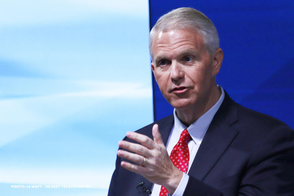 Brandon Presley, the Democratic nominee for Mississippi governor, responds to a question during a televised gubernatorial debate with Mississippi Gov. Tate Reeves, Wednesday, Nov. 1, 2023, in Jackson, Miss. (Brett Kenyon/WAPT via AP)