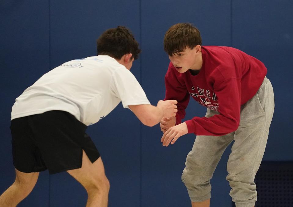 Arlington's Dillon Arrick warms up as Section 1 wrestlers hold a practice at Horace Greeley High School in Chappaqua on Thursday, Feb. 15, 2024, ahead of the NYSPHAA state championships.