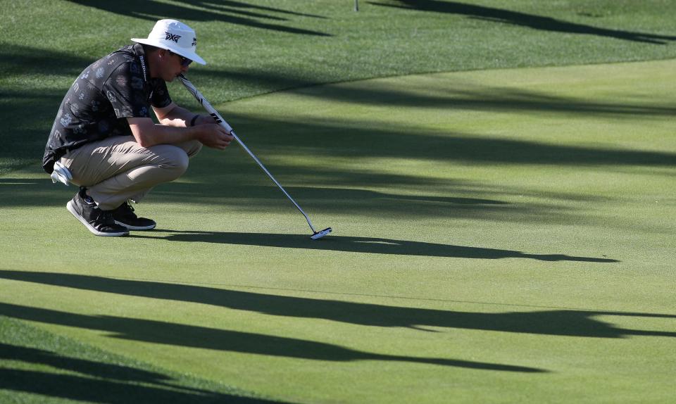 Joel Dahmen stares down a putt on the 7th hole of the Nicklaus Tournament Course at PGA West in La Quinta, Calif., Jan. 18, 2023.
