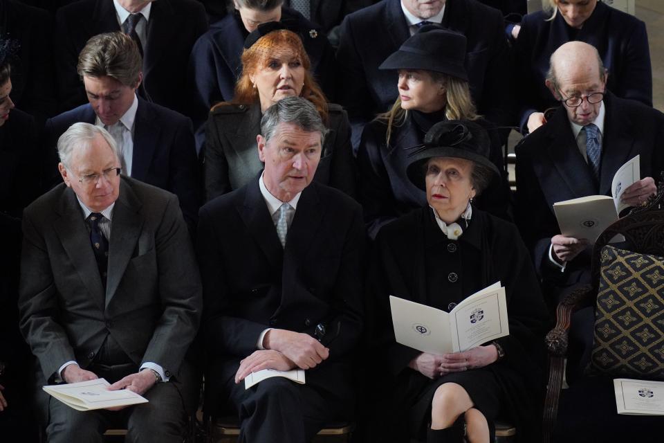 (front row left to right) the Duke of Gloucester, Admiral Sir Tim Laurence and the Princess Royal are joined by (second row left to right) Edoardo Mapelli Mozzi, Sarah Duchess of York, Lady Helen Taylor and the Duke of Kent attend a thanksgiving service for the life of King Constantine of the Hellenes at St George's Chapel, in Windsor Castle, Berkshire. Picture date: Tuesday February 27, 2024.