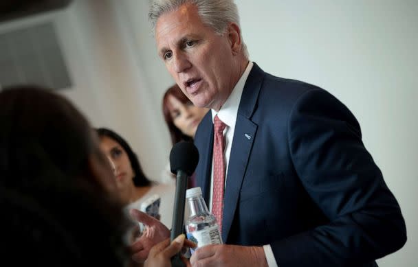 PHOTO: House Minority Leader Kevin McCarthy answers questions from reporters following a press conference in Washington June 23, 2021. (Win Mcnamee/Getty Images, FILE)