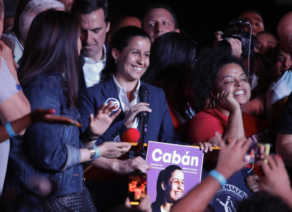 Queens district attorney candidate Tiffany Caban speaks to supporters Tuesday, June 25, 2019, in the Queens borough of New York. (AP Photo/Frank Franklin II)