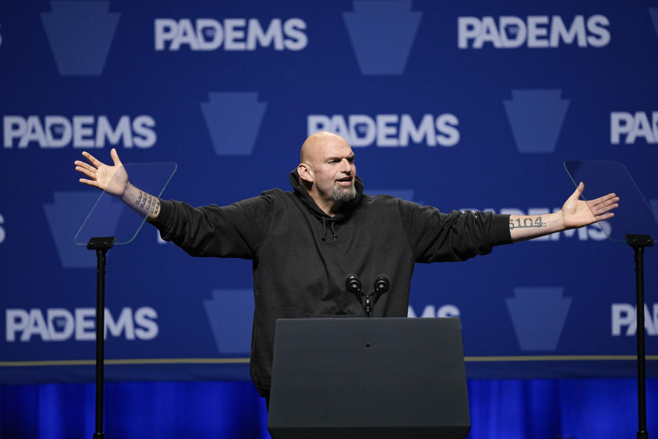 Pennsylvania Lt. Gov. John Fetterman, the Democratic candidate for U.S. Senate, arrives to speak during the Pennsylvania Democratic Party's 3rd Annual Independence Dinner in Philadelphia, Friday, Oct. 28, 2022. (AP Photo/Matt Rourke)