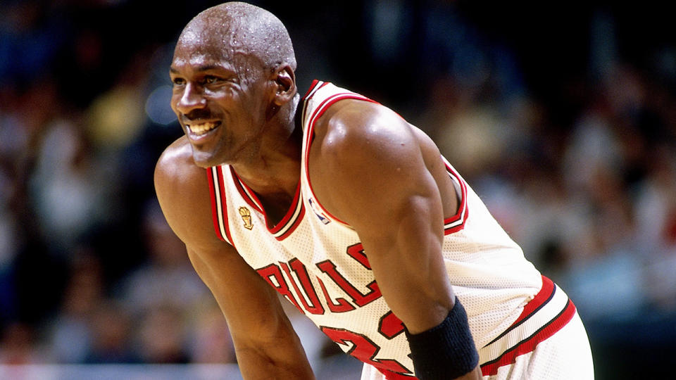 Michael Jordan is pictured playing for the Chicago Bulls in the 1996 NBA Finals.