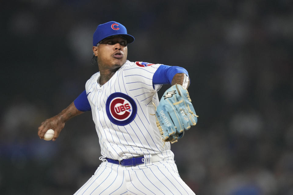 Chicago Cubs starting pitcher Marcus Stroman delivers during the first inning of a baseball game against the Cleveland Guardians, Saturday, July 1, 2023, in Chicago. (AP Photo/Charles Rex Arbogast)