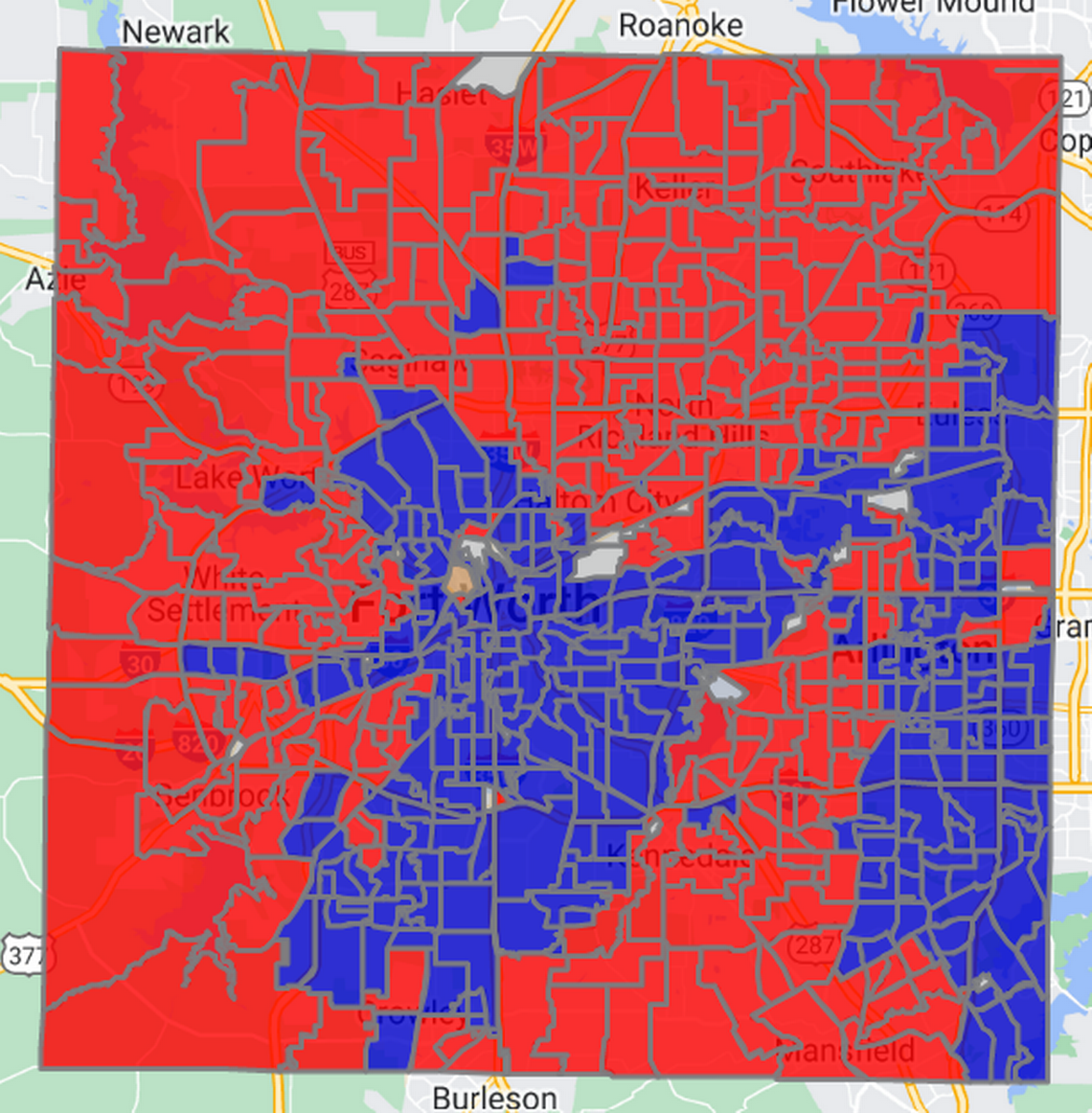 Tarrant County elections data shows Tim O’Hare, represented by the color red, won the county judge election due to turnout in the county’s suburbs.