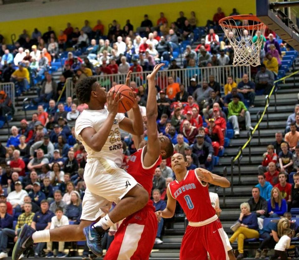 Althoff’s Jordan Goodwin (23) had 30 points and 11 rebounds in a win over Chicago Kenwood at the Bank of O’Fallon Shootout in 2016. The 2023 event will take place Friday-Saturday.