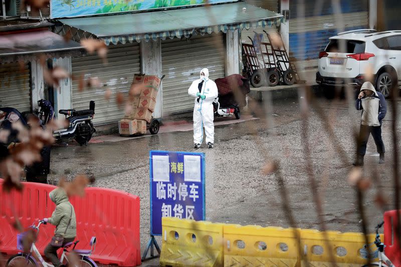 A worker in a protective suit is seen at the closed seafood market in Wuhan