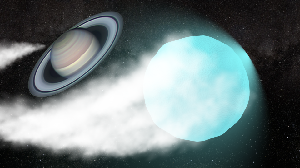     In the foreground is an irregular light blue sphere trailed by a tail of white smoke, and behind it is a ringed planet. 