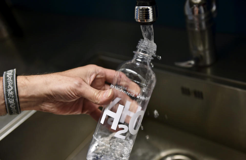 A reusable tap water bottle provided by Helsinki Region Environmental Services Authority HSY is pictured in Helsinki, Finland July 14, 2018. Lehtikuva/Emmi Korhonen/via REUTERS ATTENTION EDITORS - THIS IMAGE WAS PROVIDED BY A THIRD PARTY. NO THIRD PARTY SALES. NOT FOR USE BY REUTERS THIRD PARTY DISTRIBUTORS. FINLAND OUT. NO COMMERCIAL OR EDITORIAL SALES IN FINLAND.