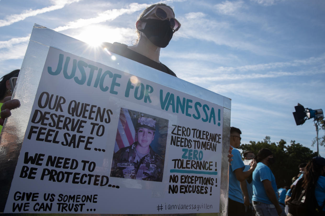 Supporter of murdered U.S. Army Private First Class Vanessa Guillen is seen during a rally on the National Mall to call for justice and for Congress to investigate her death. Washington, D.C. July 30, 2020. (Photo by Aurora Samperio/NurPhoto via Getty Images)