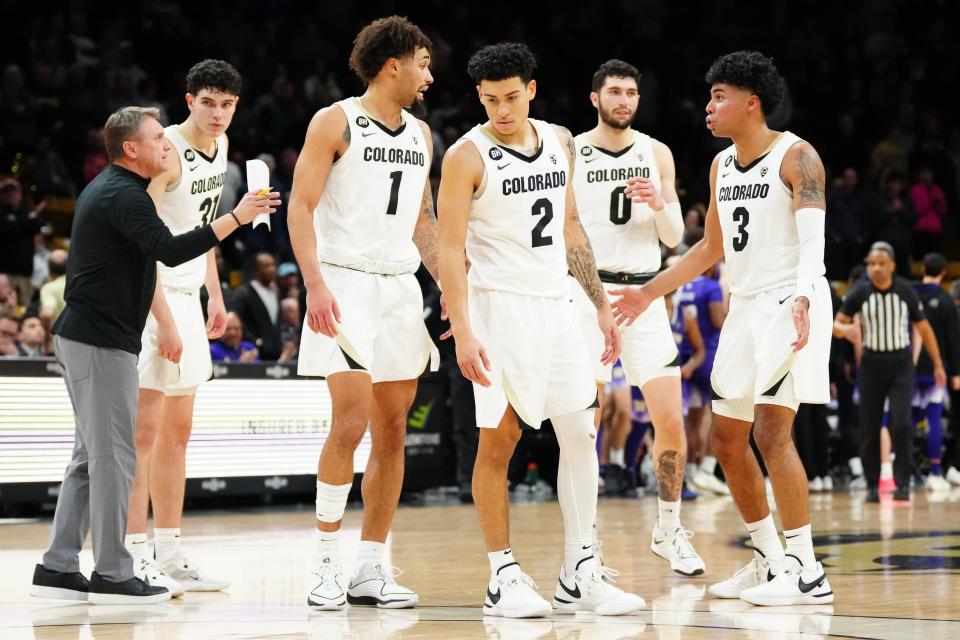 Dec 29, 2023; Boulder, Colorado, USA; Colorado Buffaloes guard Harrison Carrington (31) and guard J'Vonne Hadley (1) and guard KJ Simpson (2) and guard Luke O'Brien (0) and Colorado Buffaloes guard Julian Hammond III (3) huddle in the second half at the CU Events Center. Mandatory Credit: Ron Chenoy-USA TODAY Sports