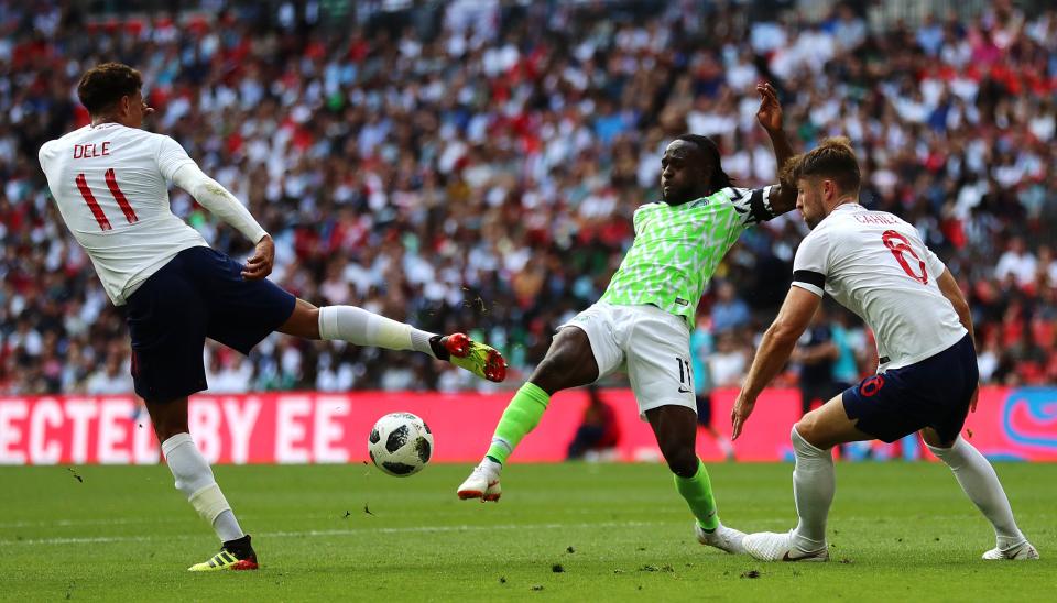 <p>England’s Dele Alli, Nigeria’s Victor Moses and England’s Gary Cahill battle for the ball </p>