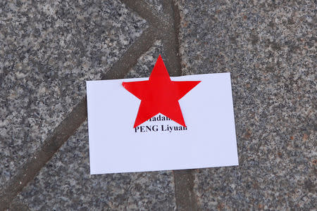 A card marking the assigned place for the wife of Chinese President, Peng Liyuan, is pictured prior to a wreath laying ceremony at the Unknown Soldier's tomb at the Arc de Triomphe monument in Paris, France March 25, 2019. Francois Mori/Pool via REUTERS