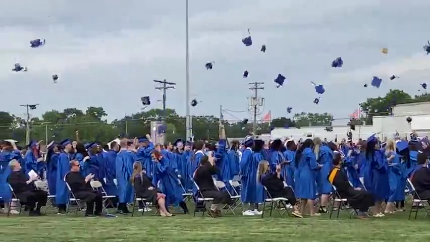Speeches given, tassels turned, Millville Senior High School Class of 2022 celebrates with cap toss.