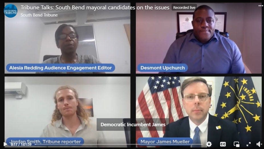 Democratic incumbent South Bend Mayor James Mueller and his Republican challenger Desmont Upchurch fielded questions about issues facing the city from Tribune journalists Alesia Redding and Jordan Smith on Monday.