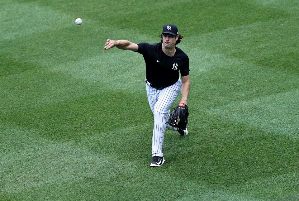 NEW YORK, NEW YORK - JULY 14: Gerrit Cole #45 of the New York Yankees warms up on the field during summer workouts at Yankee Stadium on July 14, 2020 in the Bronx borough of New York City. (Photo by Elsa/Getty Images)