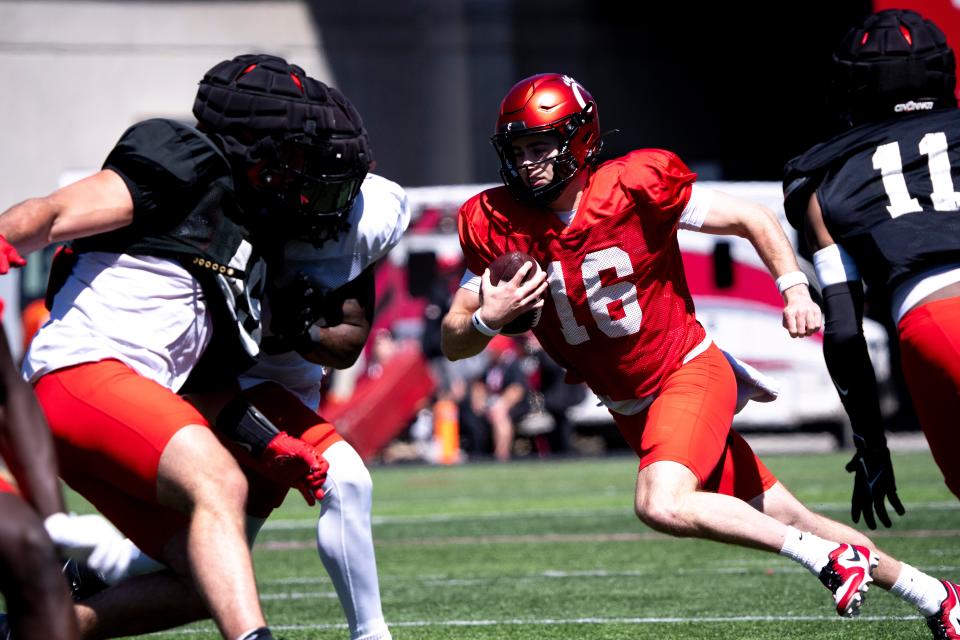 Brady Lichtenberg, here showing off his running ability, backed up quarterback Emory Jones last season and was the second QB to take snaps after Brendan Sorsby Saturday.