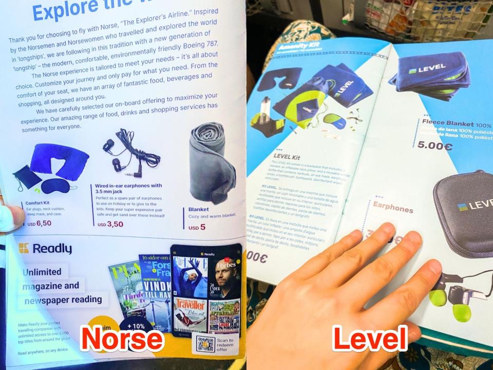 Two menus on flights showing blankets and earplugs for sale