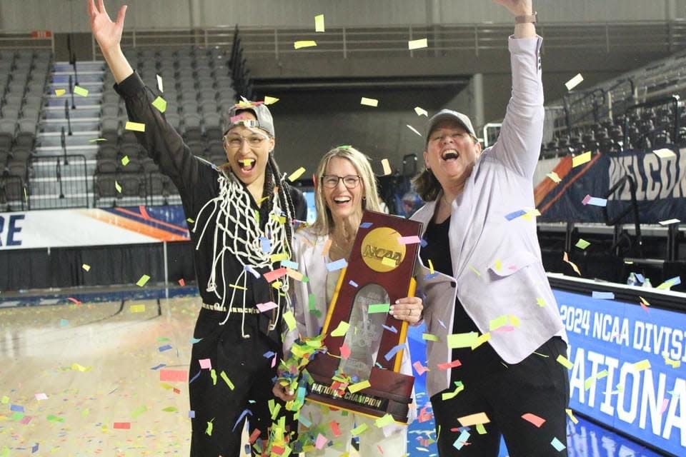 Minnesota State University-Mankato women's basketball assistant Janay Morton, coach Emilee Thiesse and associate coach Amy Sander.