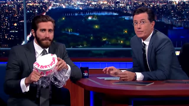 Amy Schumer admitted to getting drunk and eating a frozen cake she found when she rented Jake Gyllenhaal's apartment, and on Tuesday's <em> Late Show </em> <em>With Stephen Colbert,</em> the actor had a message for his former tenant. During her appearance on Friday's <em>Late Show</em>, Schumer shared a video of herself devouring the dessert she got out of Gyllenhaal's freezer while she was intoxicated. "I would get drunk and I would eat it and I would talk as if he were there and I was at the party that the cake was served at," the <em> Trainwreck</em> star told Colbert. The late-night host played the video for Gyllenhaal, and then pulled out a replica of the cake. "Do you have a message back to Amy?" Colbert asked. <strong> WATCH: Amy Schumer Raps a Kanye West Song With Talib Kweli </strong> Grabbing the dessert, which had "Princess" and "Happy Birthday" scrolled on it, the 34-year-old actor said to camera, "Hey princess, what's going on?" He then took a giant bite of the cake and asked Colbert to do the same. <strong> WATCH: Jake Gyllenhaal Responds to <em>GMA </em>Playing Ex Taylor Swift's 'Bad Blood' During Interview </strong> Perhaps Gyllenhaal could join Schumer and Jennifer Lawrence's A-list squad. CBS The ladies have been hanging out all summer and recently revealed that they are writing a comedy together where they will star as sisters. <strong> WATCH: Jennifer Lawrence and Amy Schumer Dance Barefoot on Billy Joel's Piano </strong> "She's the coolest chick you'll ever meet, and she's beautiful," Schumer gushed about Lawrence on <em>The Daily Show. </em> We think Gyllenhaal would make a great leading man for the actress' upcoming movie.