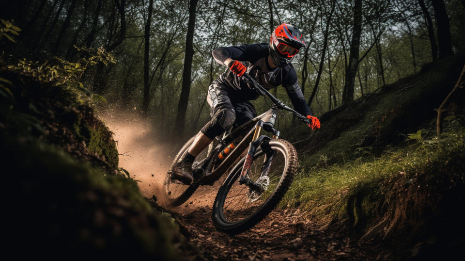 A cyclist in full gear on their mountain bike, the Performance Cycling Components visible.