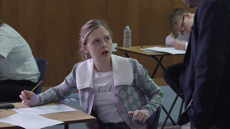 FROM ITV

STRICT EMBARGO - No Use Before  Tuesday 17th May 2022

Coronation Street - Ep 1065051

Friday 27th May 2022

Having secretly tipped her insulin down the sink, Summer Spellman [HARRIET BIBBY] sets off for her exam. As Summer embarks on her maths exam, her vision becomes blurred. Summer&#xd5;s horrified to realise she&#xd5;s left her diabetic kit at home. 

Picture contact - David.crook@itv.com

Photographer - Danielle Baguley

This photograph is (C) ITV Plc and can only be reproduced for editorial purposes directly in connection with the programme or event mentioned above, or ITV plc. Once made available by ITV plc Picture Desk, this photograph can be reproduced once only up until the transmission [TX] date and no reproduction fee will be charged. Any subsequent usage may incur a fee. This photograph must not be manipulated [excluding basic cropping] in a manner which alters the visual appearance of the person photographed deemed detrimental or inappropriate by ITV plc Picture Desk. This photograph must not be syndicated to any other company, publication or website, or permanently archived, without the express written permission of ITV Picture Desk. Full Terms and conditions are available on  www.itv.com/presscentre/itvpictures/terms
