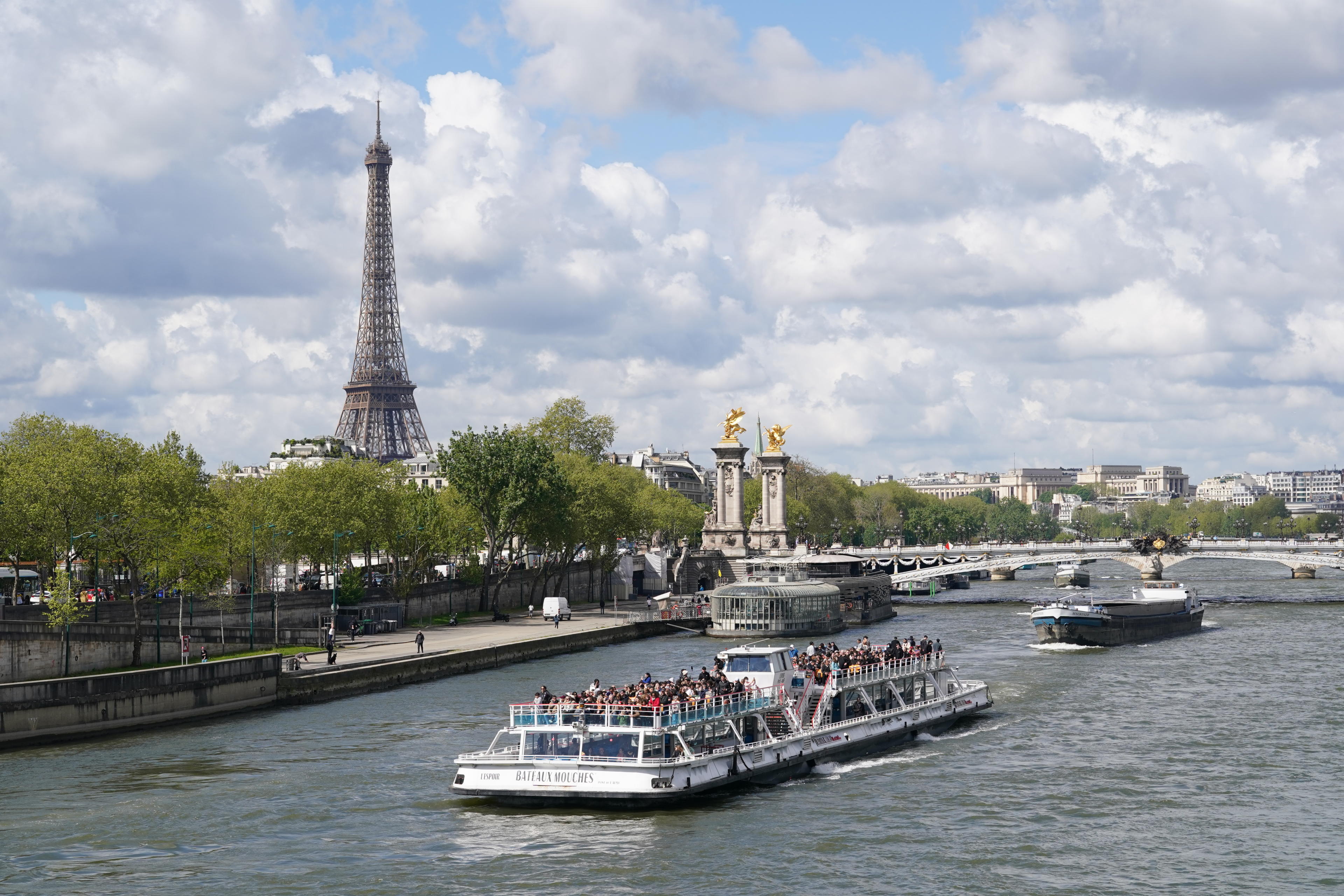 Pont Alexandre III over the Seine River in Paris.  The 2024 Olympic Games will open in the French capital in 100 days. The Games will begin with the first opening ceremony outside the stadium on July 26, with delegates traveling 6 kilometers down the city's main highway and disembarking in front of the Eiffel Tower. Photo date: Wednesday 17 April 2024 (Photo credit: Gareth Fuller/PA Images via Getty Images)